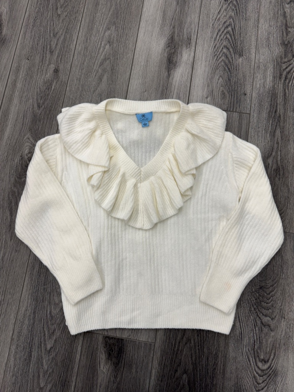 CeCe Cream Ruffle V-Neck Sweater